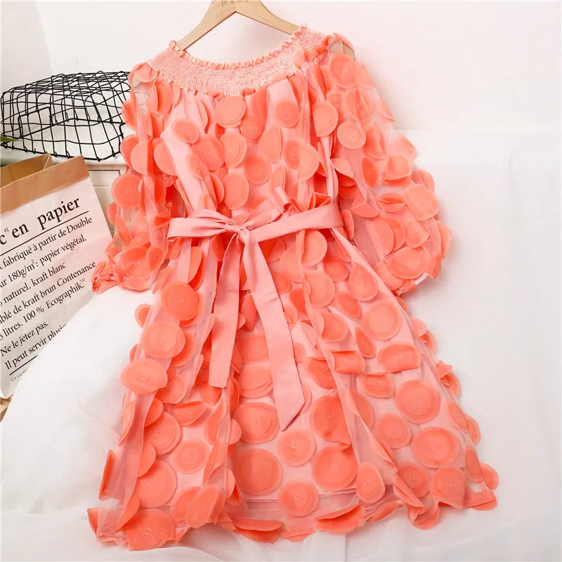 

Sexy Slash Neck Three-dimensional Flowers Dress Women Sweet Tie Bow Lace Dresses Female Puff Sleeve Mini Short Dress With Belt