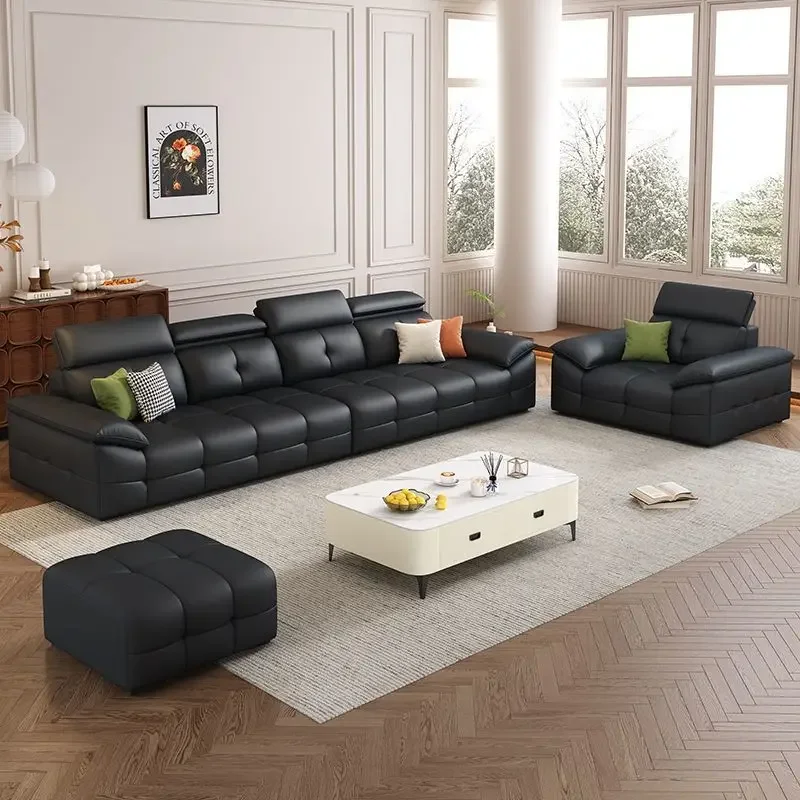 أريكة إيطالية بسيطة من جلد البيانو، شقة صغيرة حديثة، غرفة معيشة لورانس، صف مستقيم، طبقة أولى من جلد البقر #4