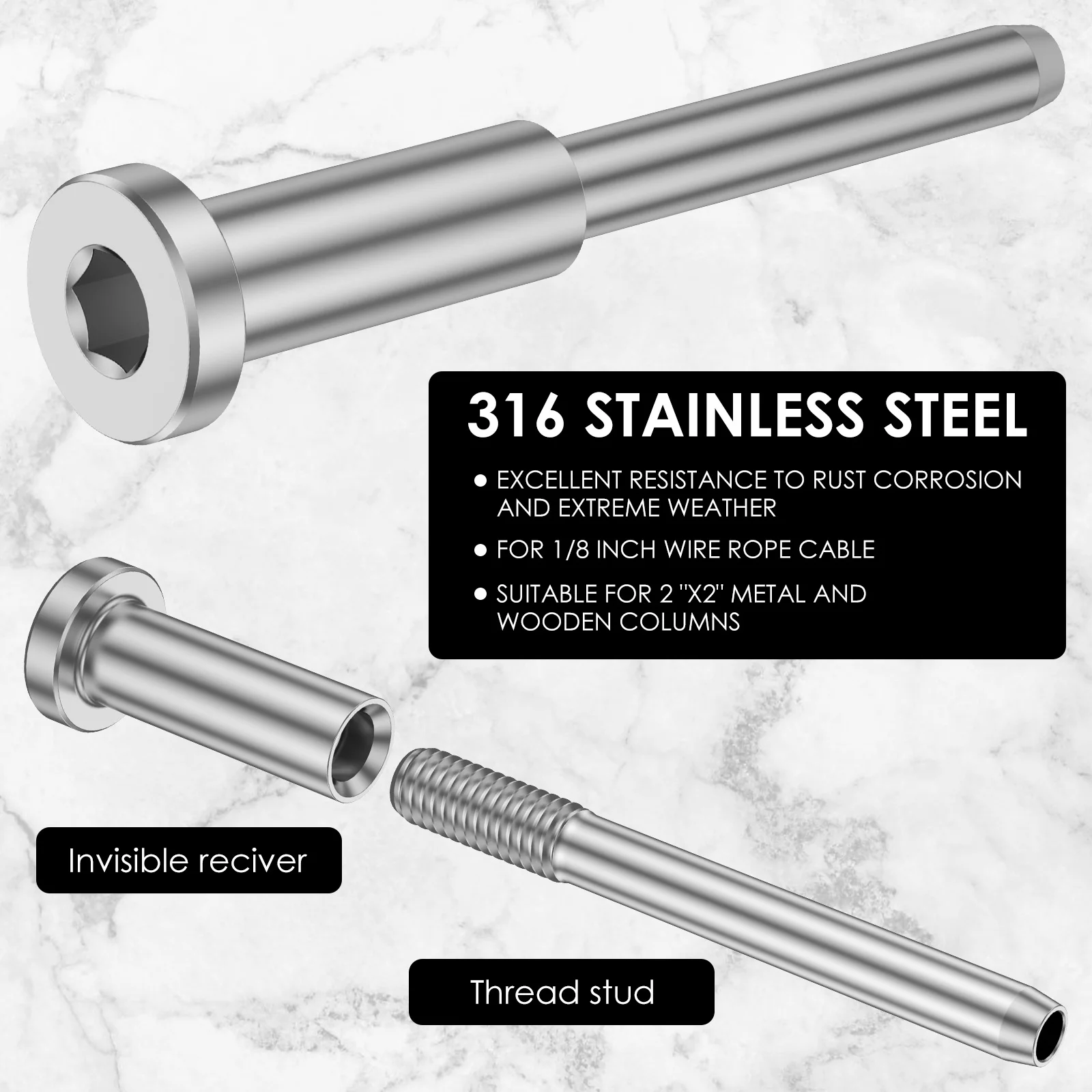 10PCS 1/8inch Stainless Steel Invisible Receiver and Swage Stud End Cable Railing Deck Stair Threaded End Fitting for Wood Metal