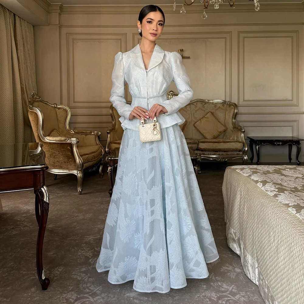 Customized V-neck Draped Sky Blue Evening Dress Full Sleeves ILLUSION Draped A-line Party Dress Ankle Length Prom Gowns