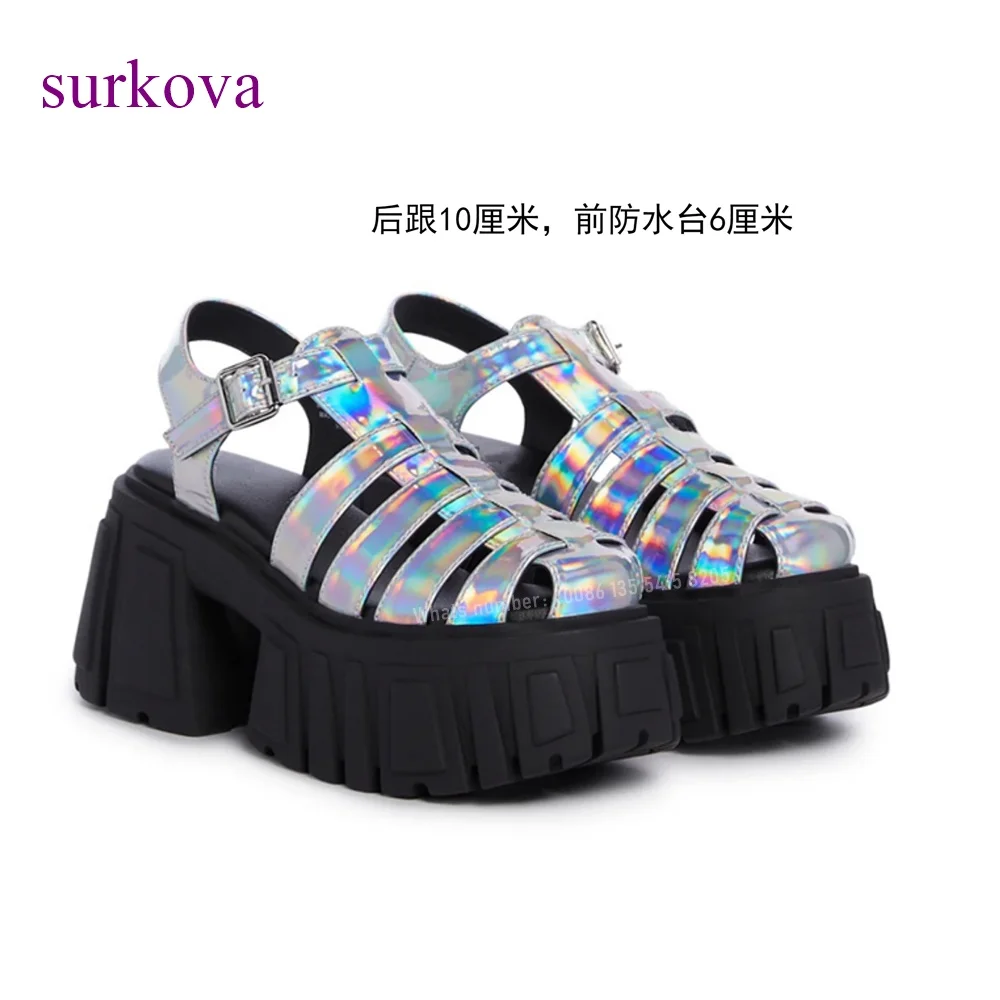 

Silver Laser Cut Out Sandals Round Toe Platform Chunky Heels Women's Sandals Slingback Buckle Summer Shoes Casual Luxury Glossy