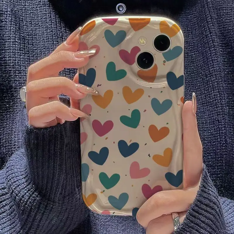 Casing Ponsel Estetika Seni Hati Warna-warni Grafiti untuk iPhone 16 15 14 13 12 11 Pro Max XS X XR 7 8 Plus 16E Sampul Silikon Lembut