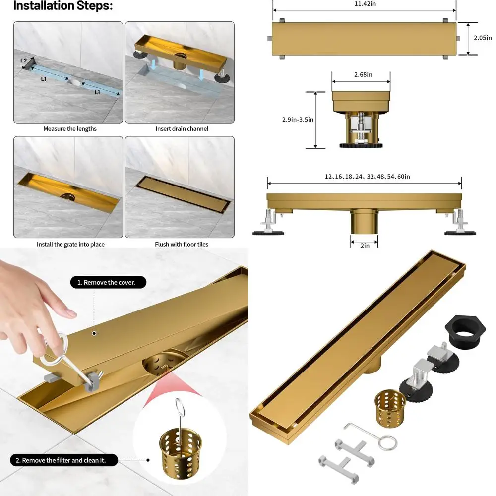 

24-Inch Gold 304 Stainless Steel Linear Shower Drain with Hair Strainer and Adjustable Feet for Invisible Floor Installation