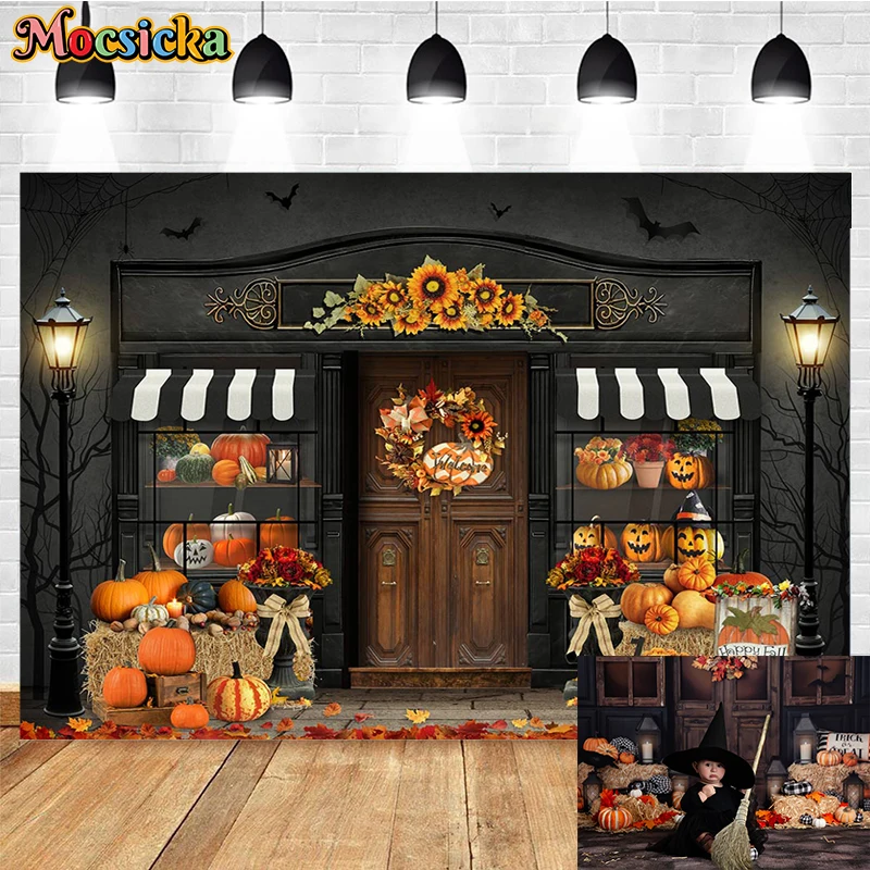 Halloween Store Backdrop Photography Fall Pumpkin Straw Maple Leaf Kids Portrait Birthday Party Background Decoration Banner