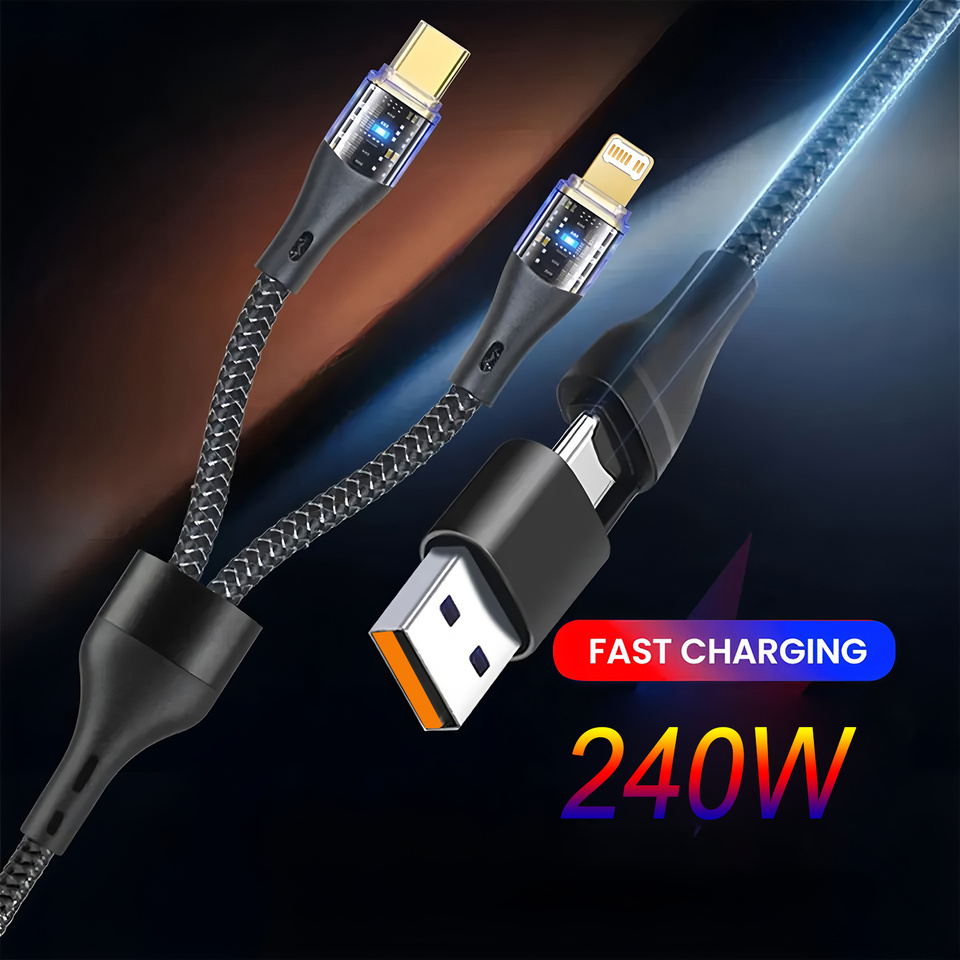  240W 4 In 1 Super Fast Charging Data Cable Dual Type-C+Lightning+USB Ports Phone Charging Cable For iPhone Samsung Huawei Xiaomi 