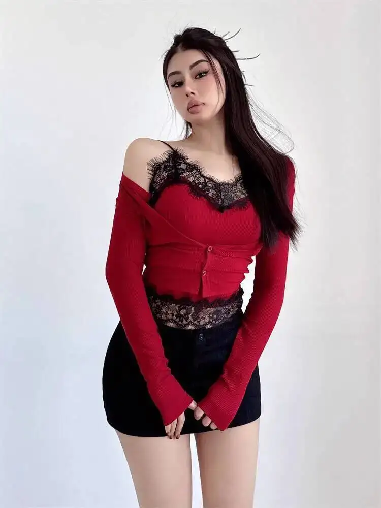 Korean Women's Sexy Pure Desire Lace Patchwork Camisole Vest Women's Careful Machine Slim Fit Cardigan Two-piece Set Tees 33J8