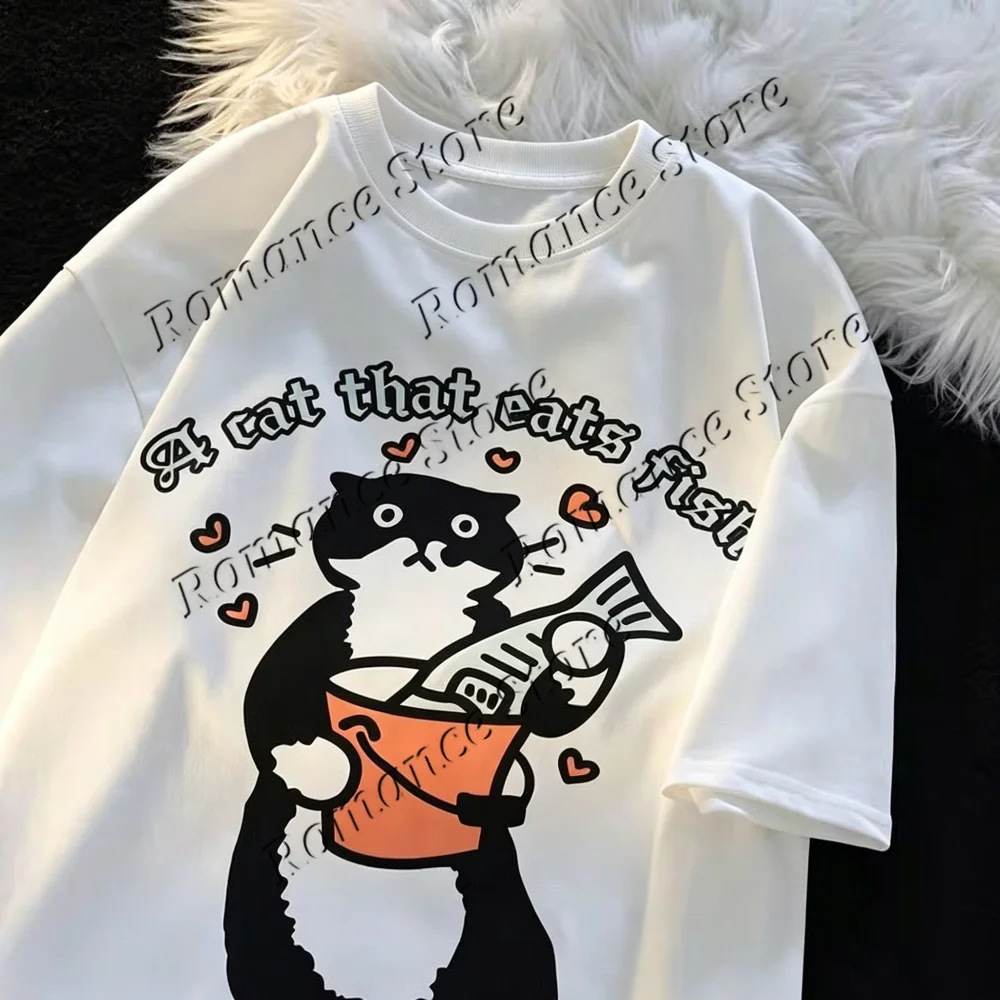 Cute Black White Cat Eat Fish Print T Shirt Unisex Short Sleeve Tee Summer Casual Streetwear Kawaii Animal Graphic Kids Tops