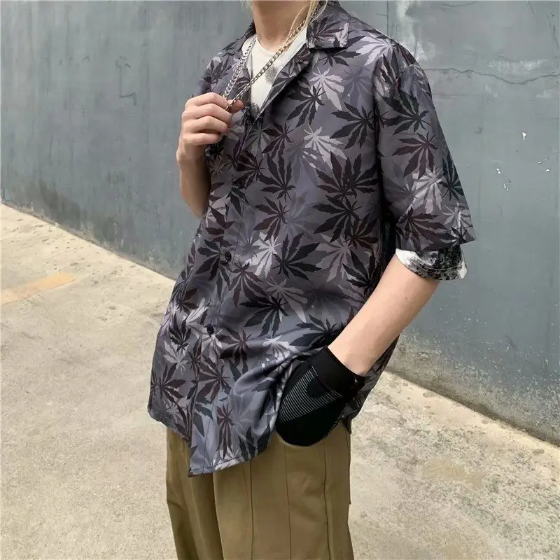 

Summer trendy brand camouflage hemp leaf short-sleeved shirt for men loose Hong Kong style Japanese retro shirt for couples y2k