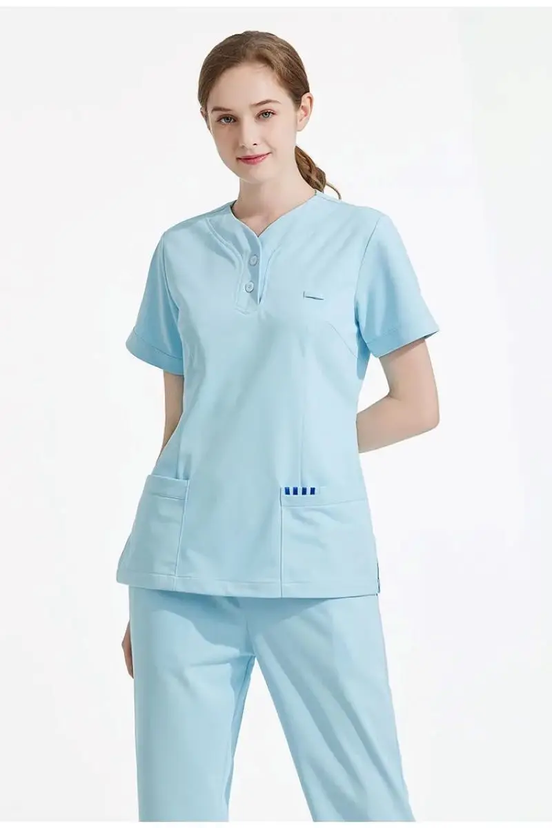 New Women's Summer Y Neck Dental Clinic Pet Shop Medical Scrub Uniforms Set Antiwrinkle Anti-Static Workingwear Waist Adjust