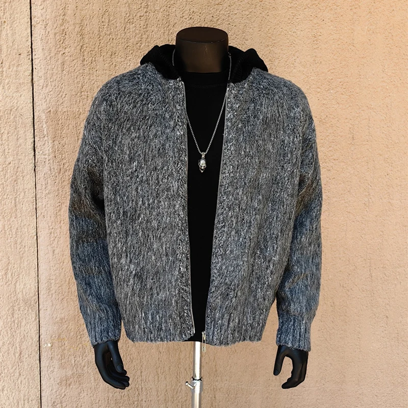 

American Sle Loose Men's Knitted Cardigan Sweater with Hood Casual Trendy Outerwear Autumn Winter Faion Polyester Fiber