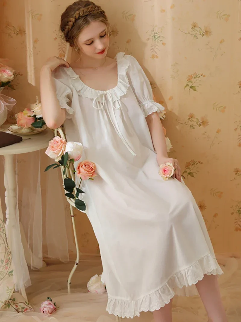 Women Vintage Princess Pajama Night Dresses Sleepwear Spring Autumn Cotton Lace Sweet Girl Fairy Victorian Nightgowns Homewear