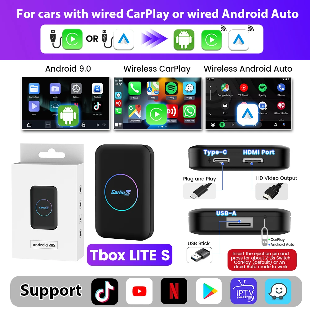 2025 CarlinKit LITE S Android TV Box Draadloze Carplay Android Auto Voor Youtube Netflix IPTV HD Uitgang 5G WIFI Plug En Play GPS