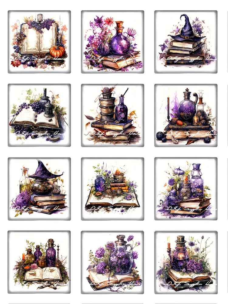 10pcs/lots Halloween Witch Hat Books Purple Plants Square Photo Glass Cabochon Charms Demo Flat Back Cameo Diy Jewelry Making