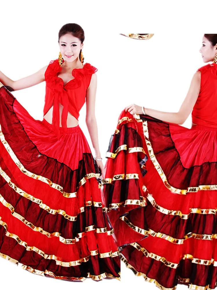 Women Ballroom Spanish Flamenco Dance Skirt Red Dancer Fancy Dress Costume Belly Dancing Skirts 360/540/720 Degree