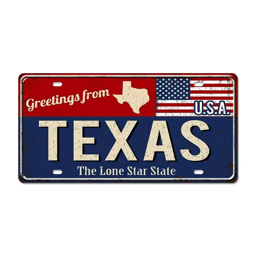 2D Flat, 2D Vintage Texas Wall Decor Sign Suitable for, Office, or Texan-Themed Rooms - Matte Finish Lone Star State Flag & Amer