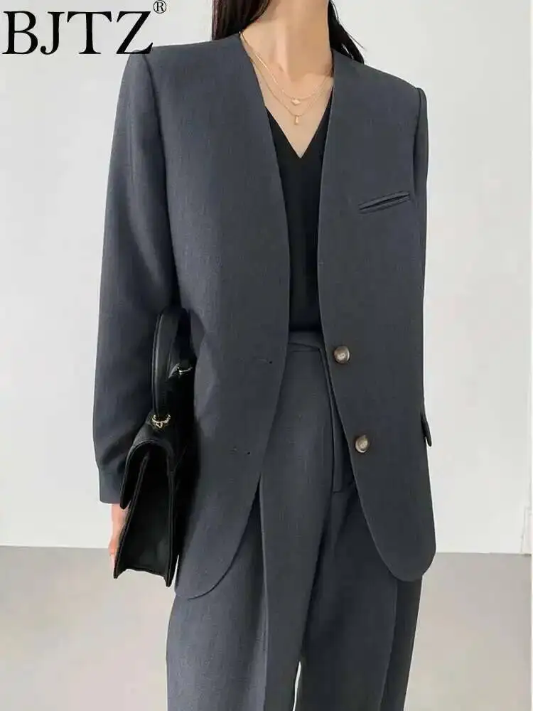

BJTZ 2025 весна/лето, новый минималистичный стиль с v-образным вырезом, дизайнерский стиль, темпераментный костюм, пальто, женский корейский комплект брюк Харлан