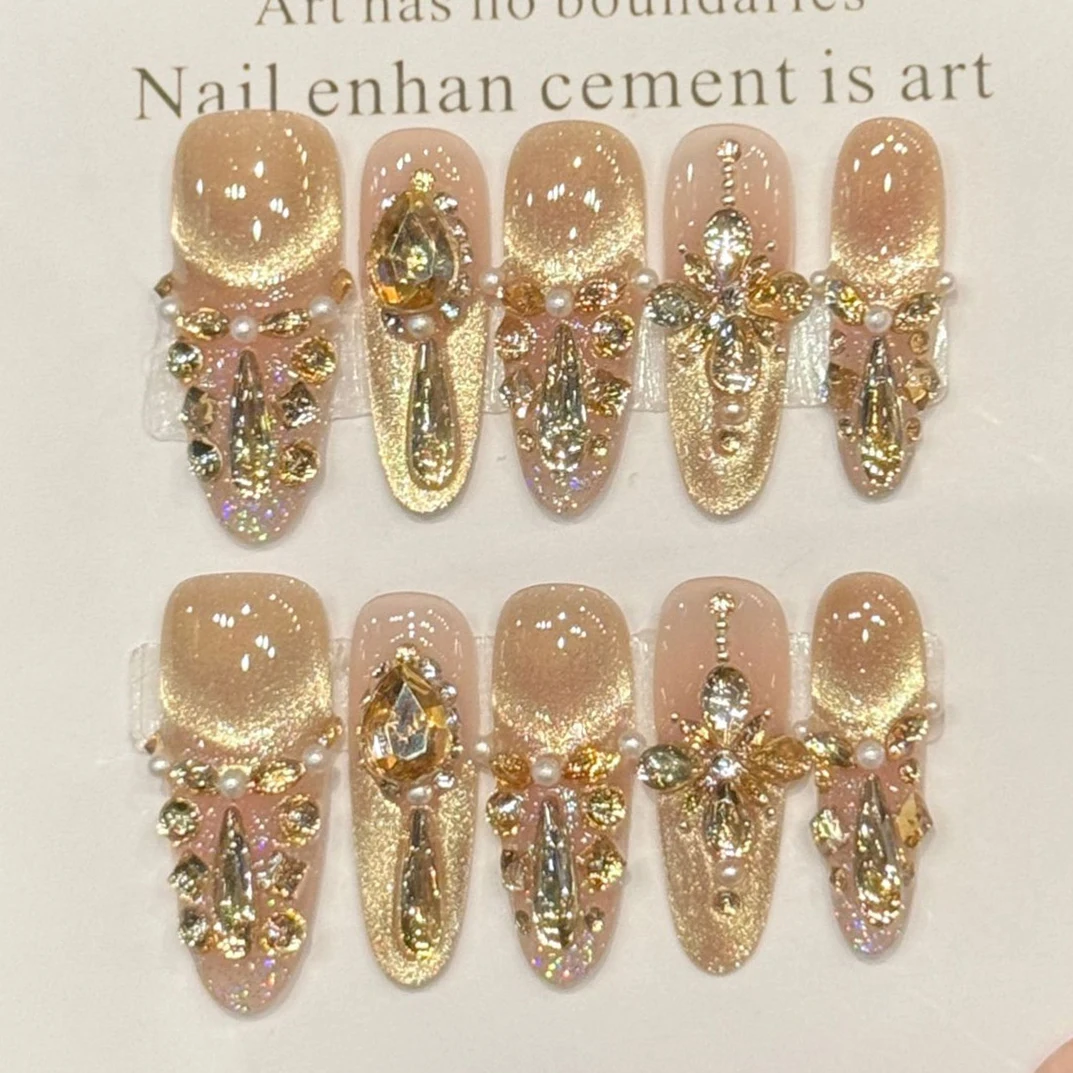 

10PCS Handmade Press on Nails Champagne Zircon Diamond Almond Fake Nails Decor Wearable French Elegant Cat's Eye False Nails Art