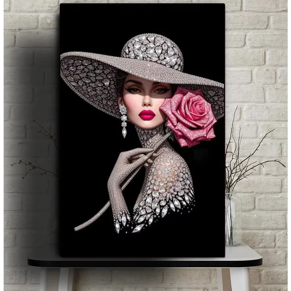 أنيقة وجميلة قبعة امرأة DIY 5D كامل الماس اللوحة مجموعات جديدة روز فتاة عبر الابره مجموعات فسيفساء الماس التطريز