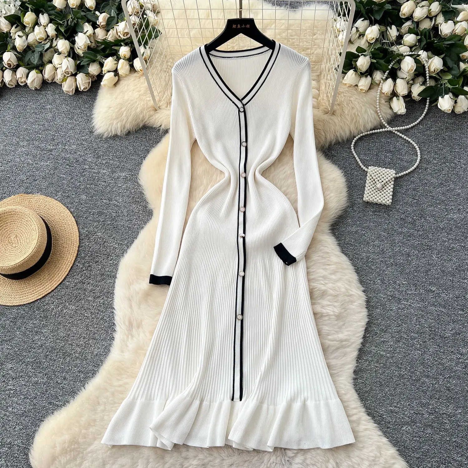 

Women Long Dress Dresses Knitted Vestidos Y2k Streetwear V Neck Full Sleeve Elegant Splice Party Night Work Slim Fit 2025