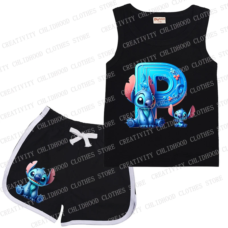 Neue Kinder Anzug Stich Brief a-z Sport schwarze Kleidung lässig ärmellose Mädchen Junge Weste & Shorts 2 Stück Sets Kinder Sommerkleid ung