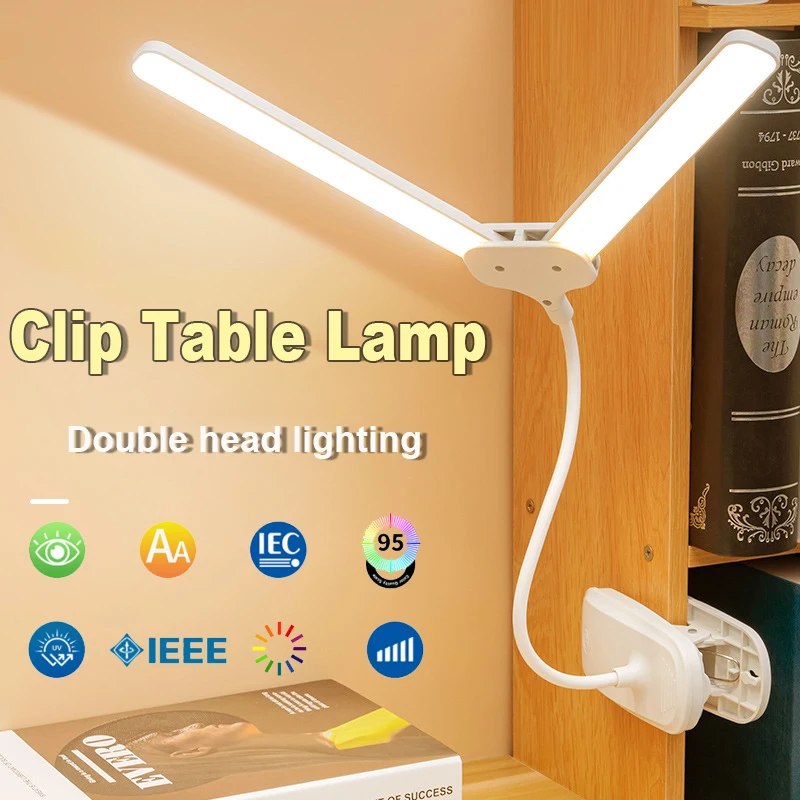 Lámpara de escritorio LED de doble cabezal flexible Protección para los ojos 3 modos de color Brillo USB recargable 360 ° Gire el estudio de la oficina con control táctil