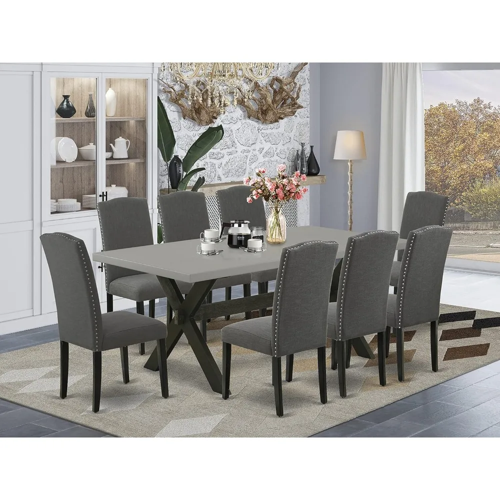 X697EN120-9 9 Piece Dining Room Set Includes a Rectangle Kitchen Table with X-Legs and 8 Dark Linen Fabric Parsons Dining Chairs
