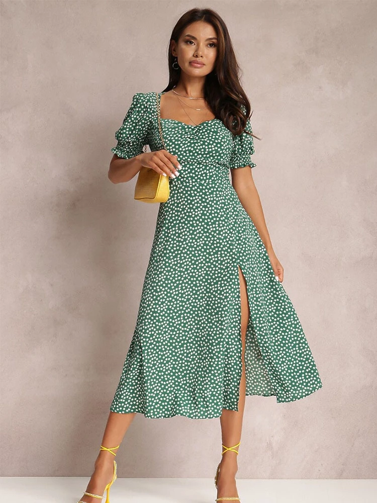 فستان صيفي قصير بياقة مربعة وشق جانبي، تصميم زهري عادي، تنورة قصيرة للنساء، مصنوع من ألياف البوليستر، خصر متوسط، قصة A-line، ...