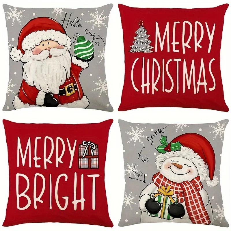 A Set of 4 Christmas Pillow Covers - Santa Claus and Snowman Hello Winter Design, Machine Washable, 18x18 Inch Zipper Closure