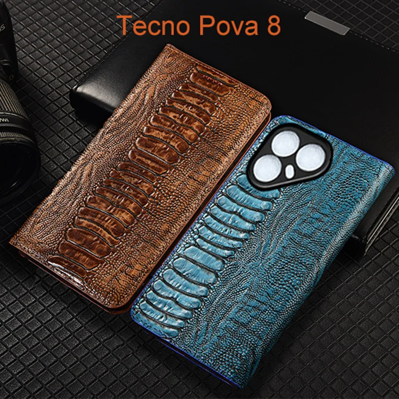 Ostrich Pattern Genuine Leather Flip Case For Tecno Pova 8 Pro Phone Cover Card Cases Scratch Proof