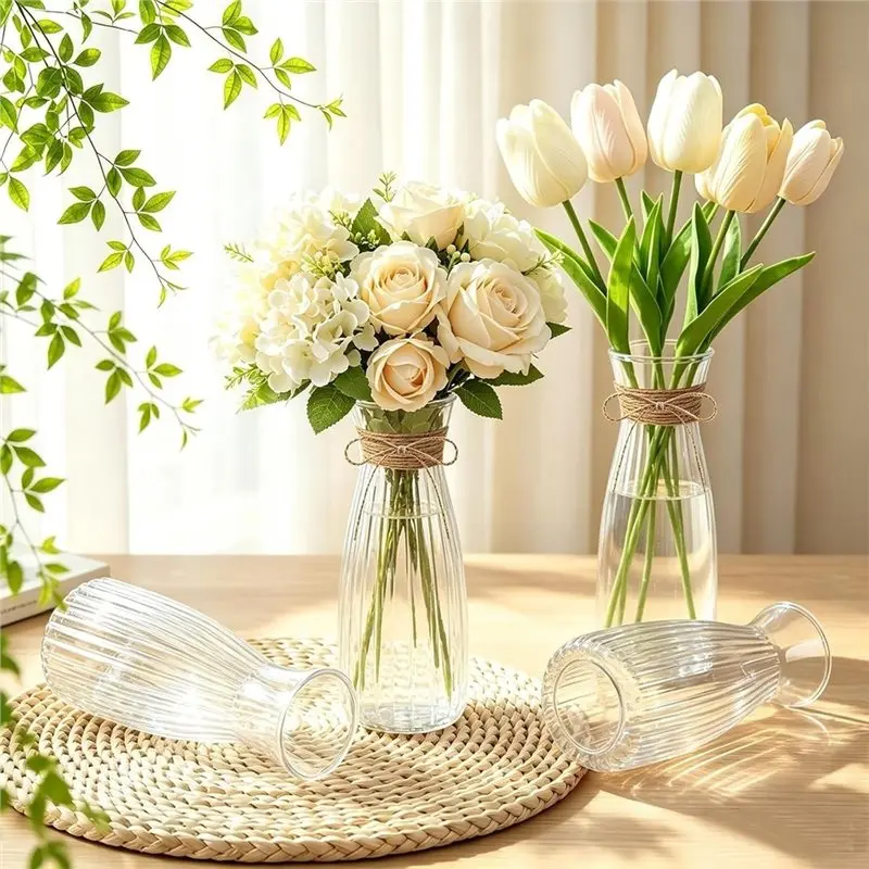 ABLK Plastic Vases 20 Pack Clear Bud Vases With Twines Ropes 6.7 Inch Bulk For Flowers For Centerpiece Storage