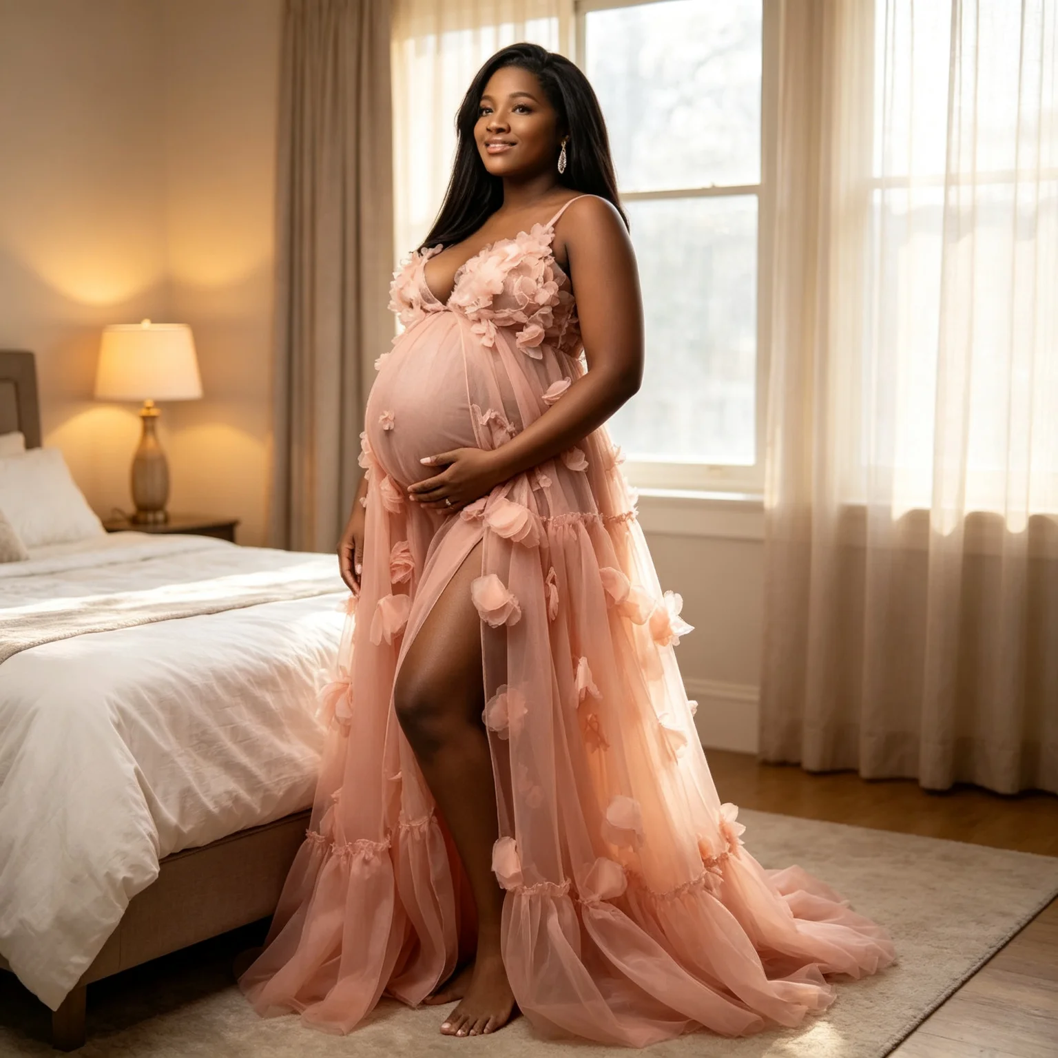 Elegant Three-dimensional Floral Pregnant Mother Photo Taking Formal Dress Tulle Robes Family Portrait  Petal Maternity Dresses