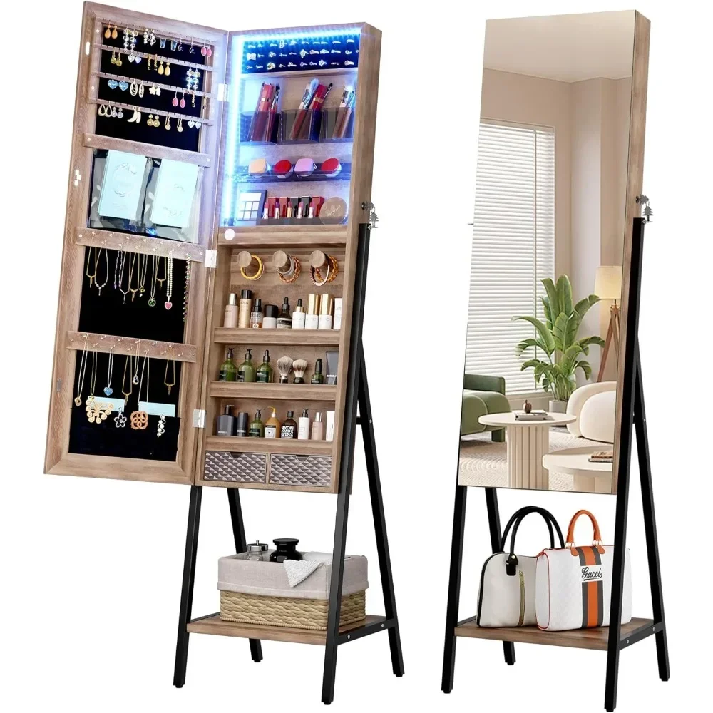 

3 LEDs Mirror Jewelry Cabinet, 42.5" Jewelry Mirror with Full Length Mirror, Standing Jewelry Mirror Armoire Brown