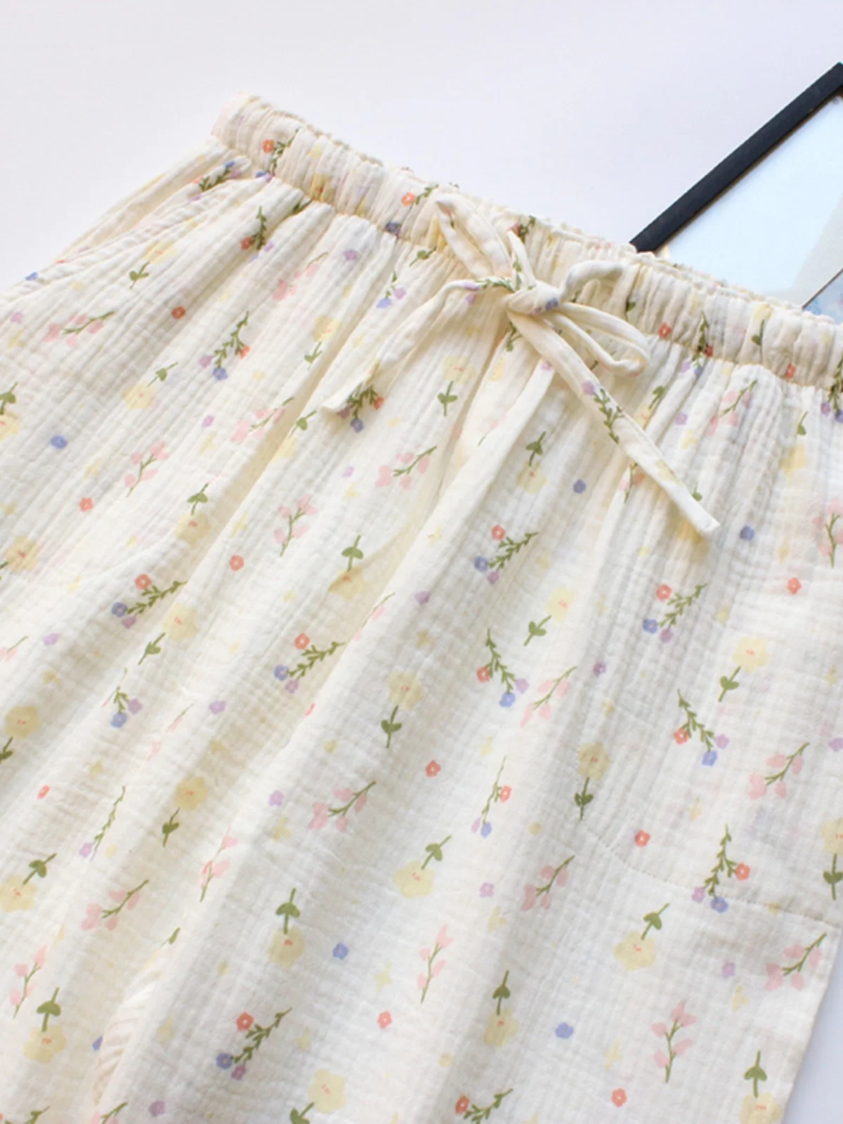 Pure Cotton High Waist Thin Home Pants Floral Print Sleepwear for Women Breathable Double Layer Gauze Washed Crepe Trousers