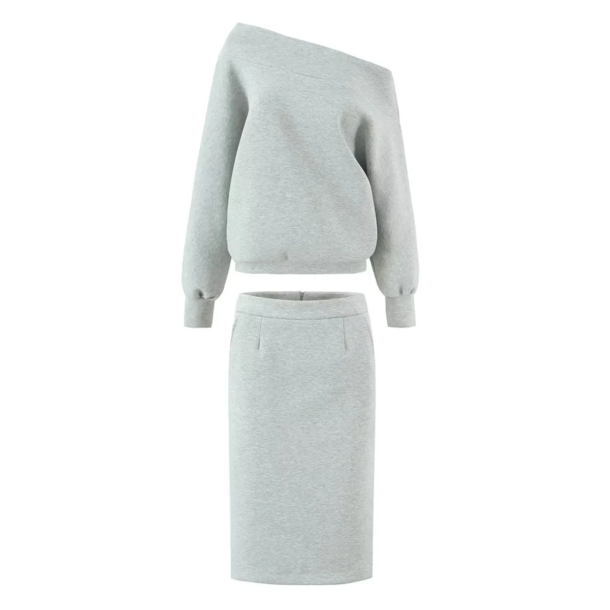 ゆったりとしたロング丈の肩出しパーカーとスカートのツーピースセット、ホワイト、カジュアルで快適な高品質ストリートスタイル