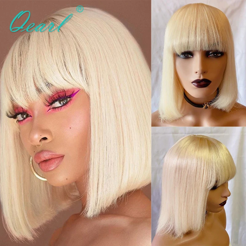 

Women Wigs Human Hair Lace Frontal Wig with Fringe 613 Blonde Short Bob 180% Glueless Straight Human Hair Wig Bangs Sale Qearl