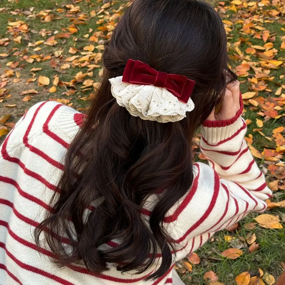 

Cloth Red Velvet Bow Hair Clip Wine Red Hair Clips Bowknot Spring Clip Korean Style Vintage Style Lace Bow Hairpin