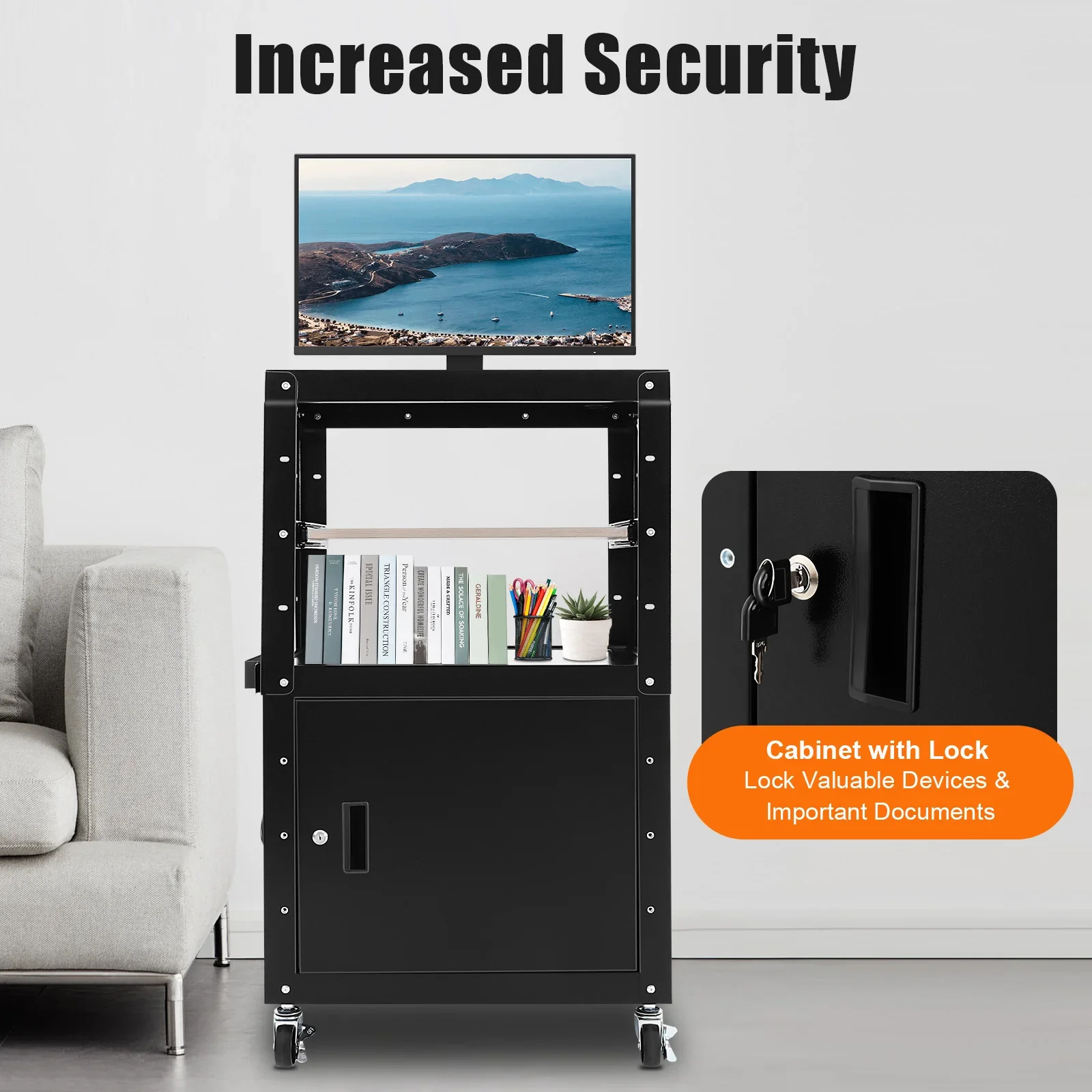 

Steel AV Cart with Extra Storage,Rolling Projector Utility Cart with Locking Cabinet, Pullout Keyboard Tray and Cord Management