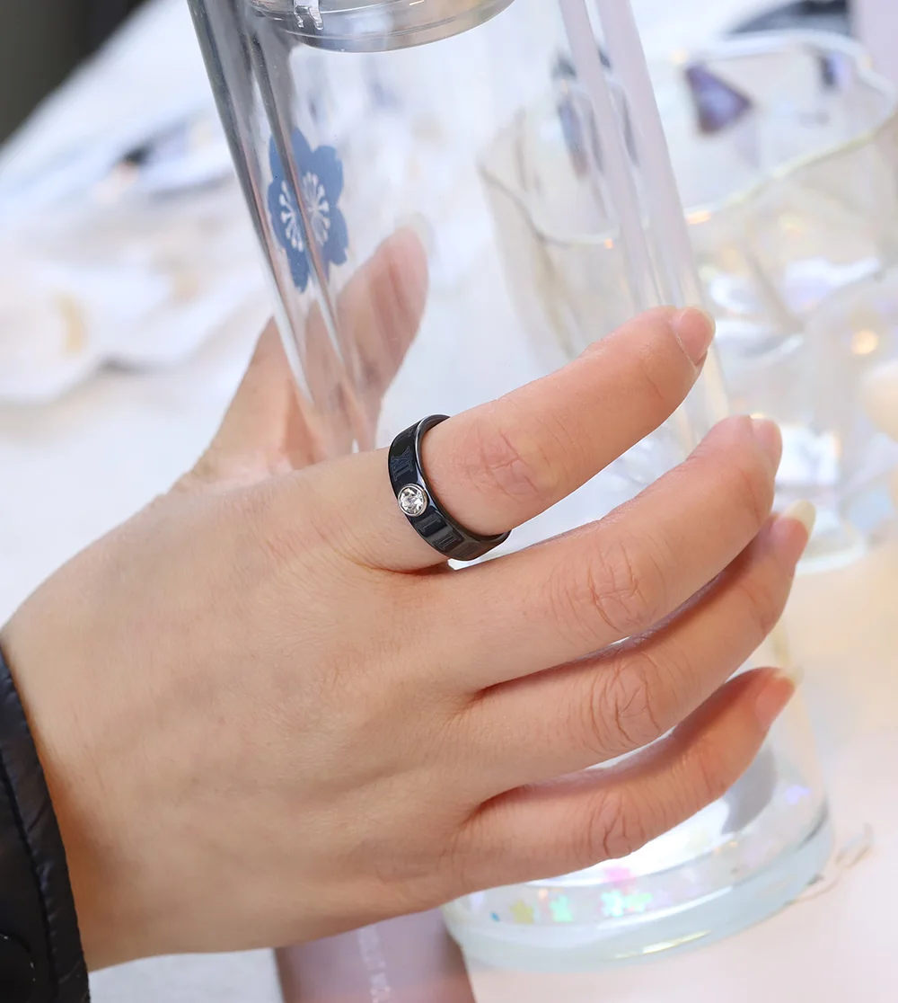 Fashion Ceramic Ring Party Gifts Roman Numeral Women Wedding Cool Band Number Black Jewelry Stainless Steel Rings With Crystal
