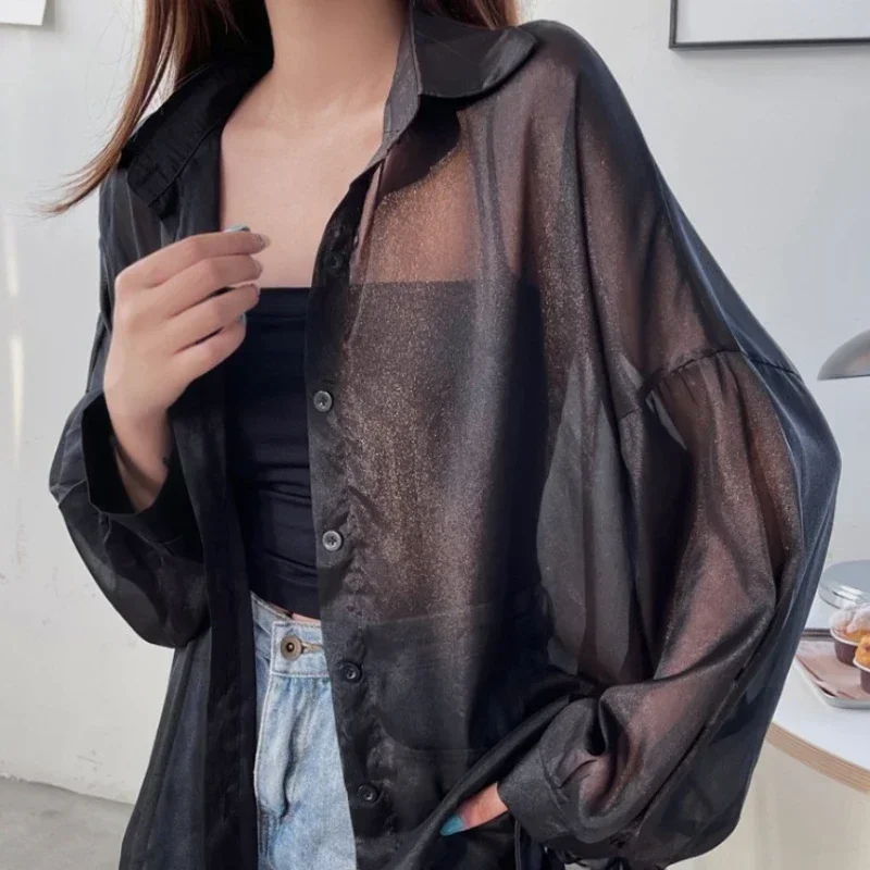 Women Shirt Long Sleeve Top Blouse Female Chiffon Loose Summer Cardigan Thin Sexy Solid Color Casual Shirt Outerwear Прозрачная