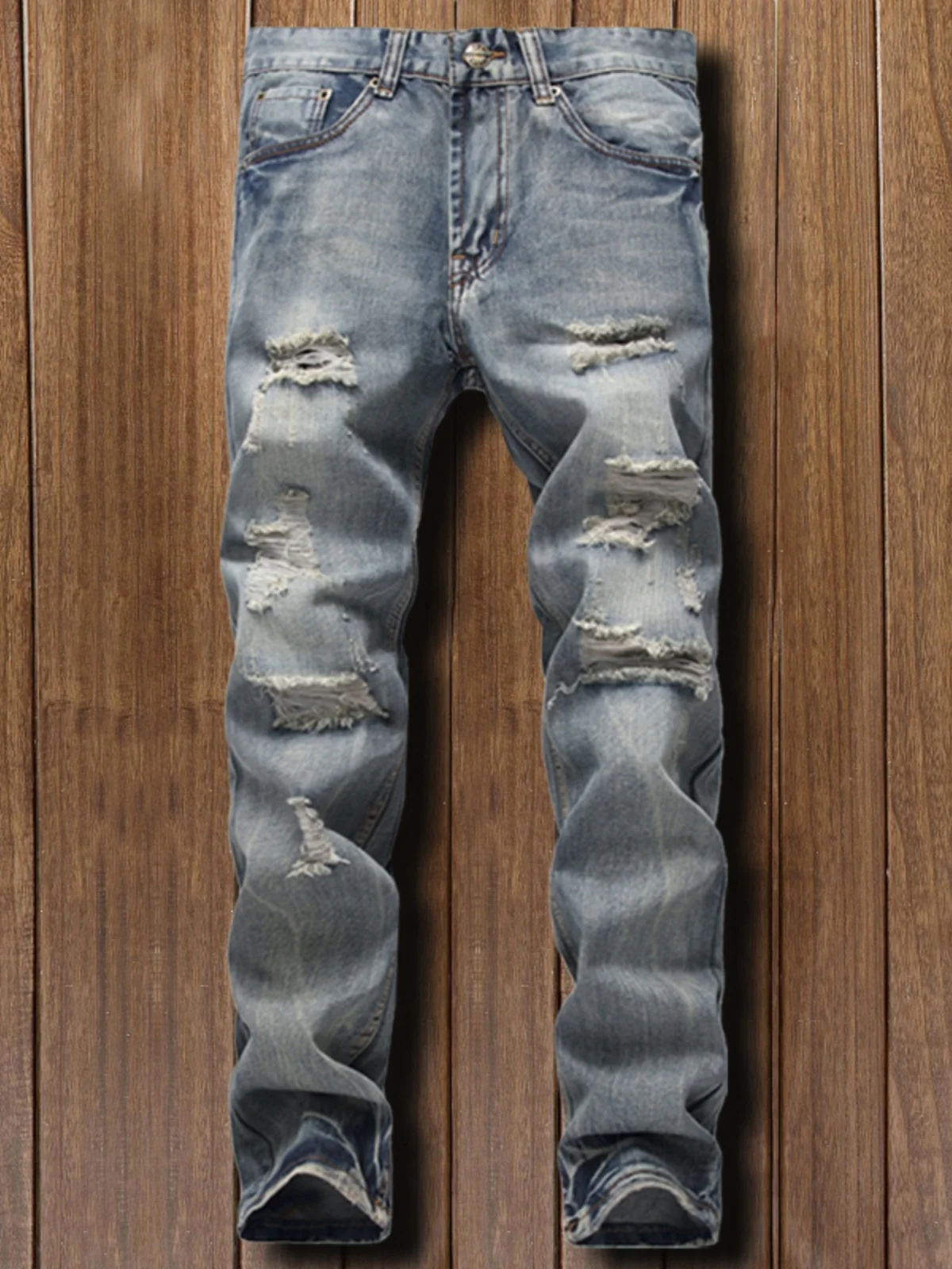 

Модные корейские мужские рваные джинсы в стиле ретро, молодежные повседневные прямые брюки слим-фит, большие размеры, брюки в стиле «бедняка»