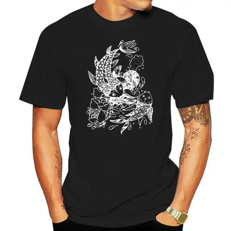 Male Black Tees 100% Cotton Fabric Men's Short Sleeve The Koi Fishes T-shirts Comfortable Shirts Custom Wholesale Buyer Tshirts