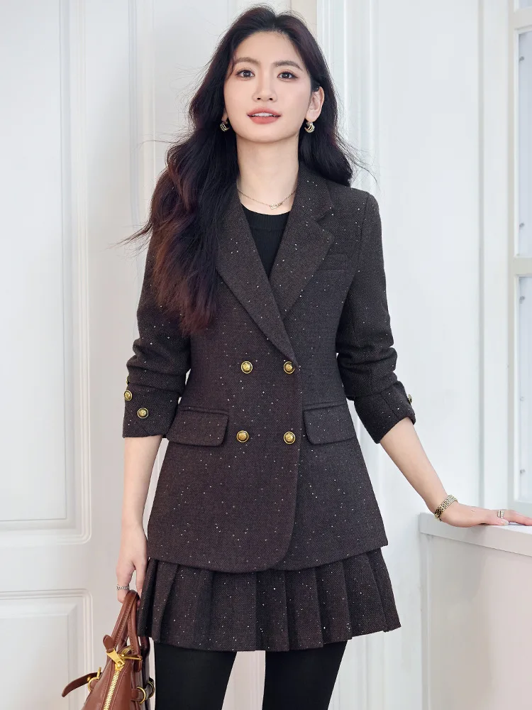 French Fashion Women Solid Long Sleeve Woolen Blazer Coat 2025 New Autumn Winter Ladies Elegant Double Breasted Jacket Versatile