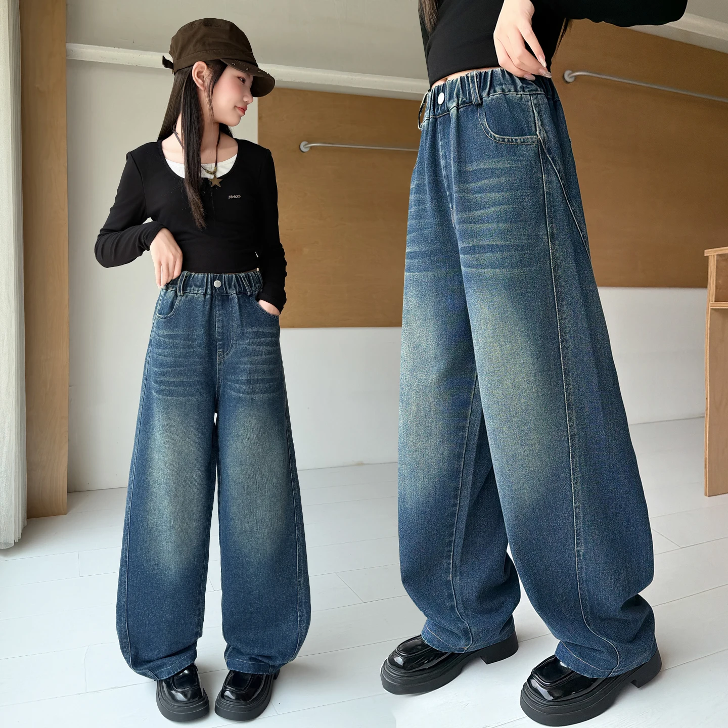 Kids Girls Y2K Streetwear Jeans Simple Casual Harajuku Style Retro Washed Denim Fashionable Spring Autumn Long Pants Ages 4-14Y