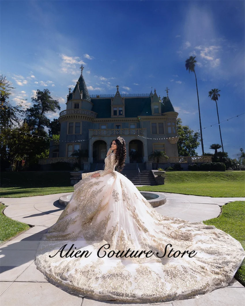 Sumptuous Quinceanera Dress 2025 Ball Gown Pearl Sequins Appliques Birthday Gown With Long Sleeve Vestidos De 15 Años Customized