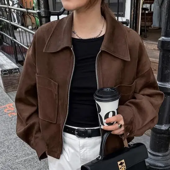 

Модный женский топ-жакет в стиле ретро, свободного кроя, из коричневой замши, стильная женская одежда, длинный рукав, для повседневной носки