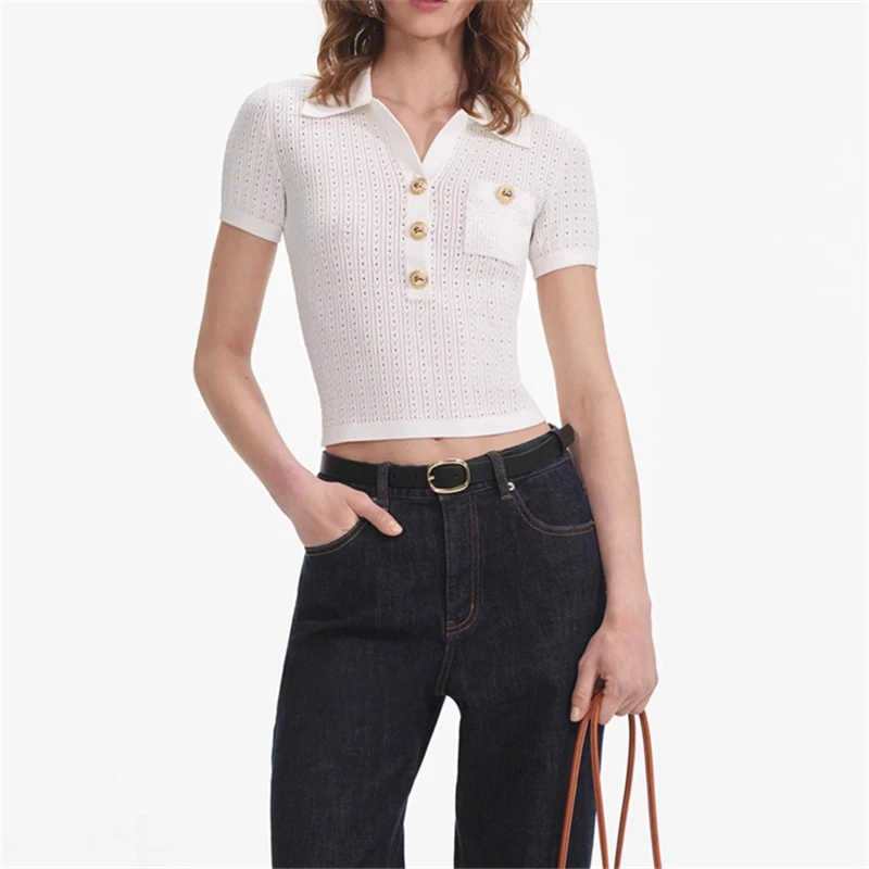 

Summer new women's lapel front-pocket ice silk knitted short-sleeved T-shirt y2k fashionable commuting stretch slim top 2025