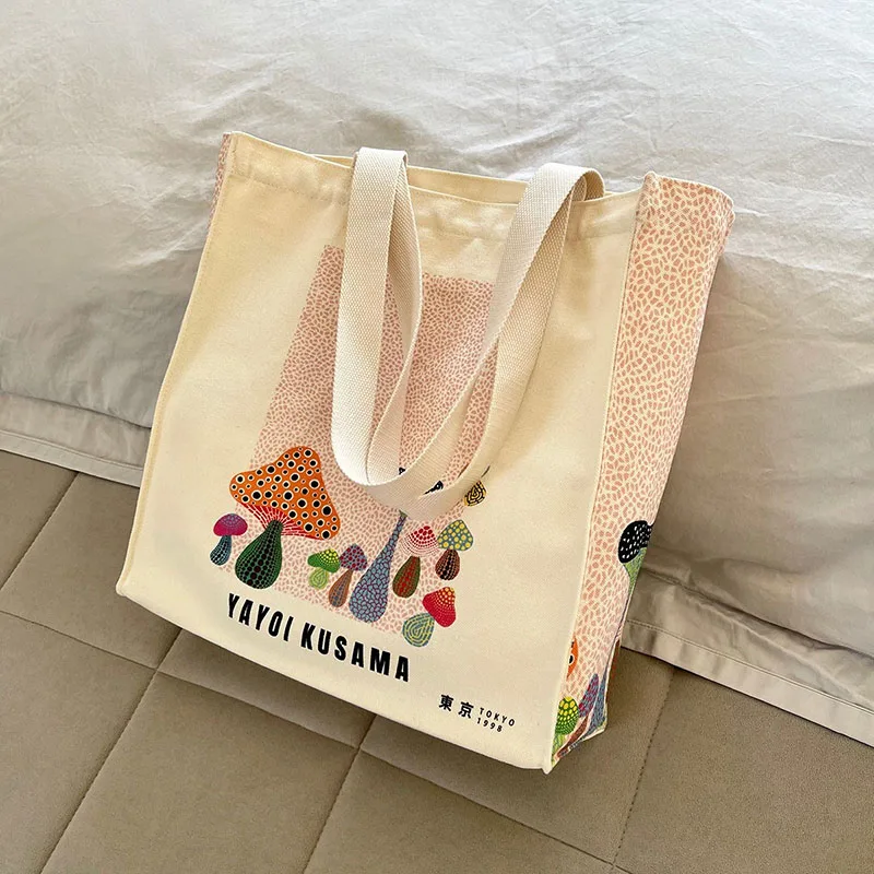 Yayoi Kusama Art Paintings Canvas Bag Yayoi Kusama Mushroom Pumpkin Tote Bag Large Capacity Shoulder Shopping Bag for Women