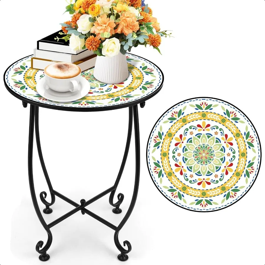 

14'' Outdoor Round Side Table Unique Colorful Pattern Plant Stand Mosaic End Table Bistro Accent Table for Garden Yard Parch Ba