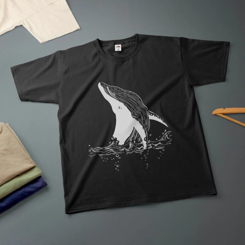Men Women Hand Drawn Humpback Whale Ocean Wave Graphic T Shirt Sea Animal Print Short Sleeve Casual Cotton Nature Streetwear Tee