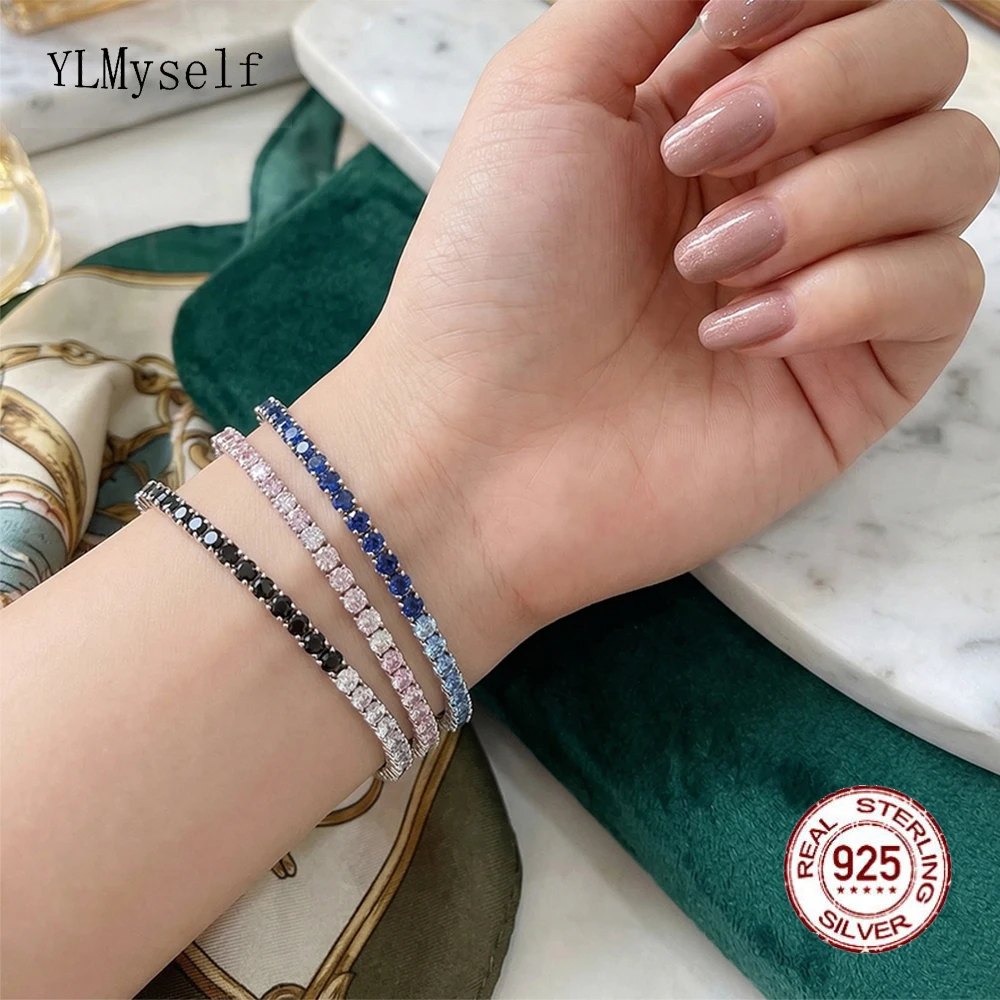 

YLMyself 3mm 925 Silver Multi-Color CZ Tennis Bracelet Pave Black White Blue Pink Women